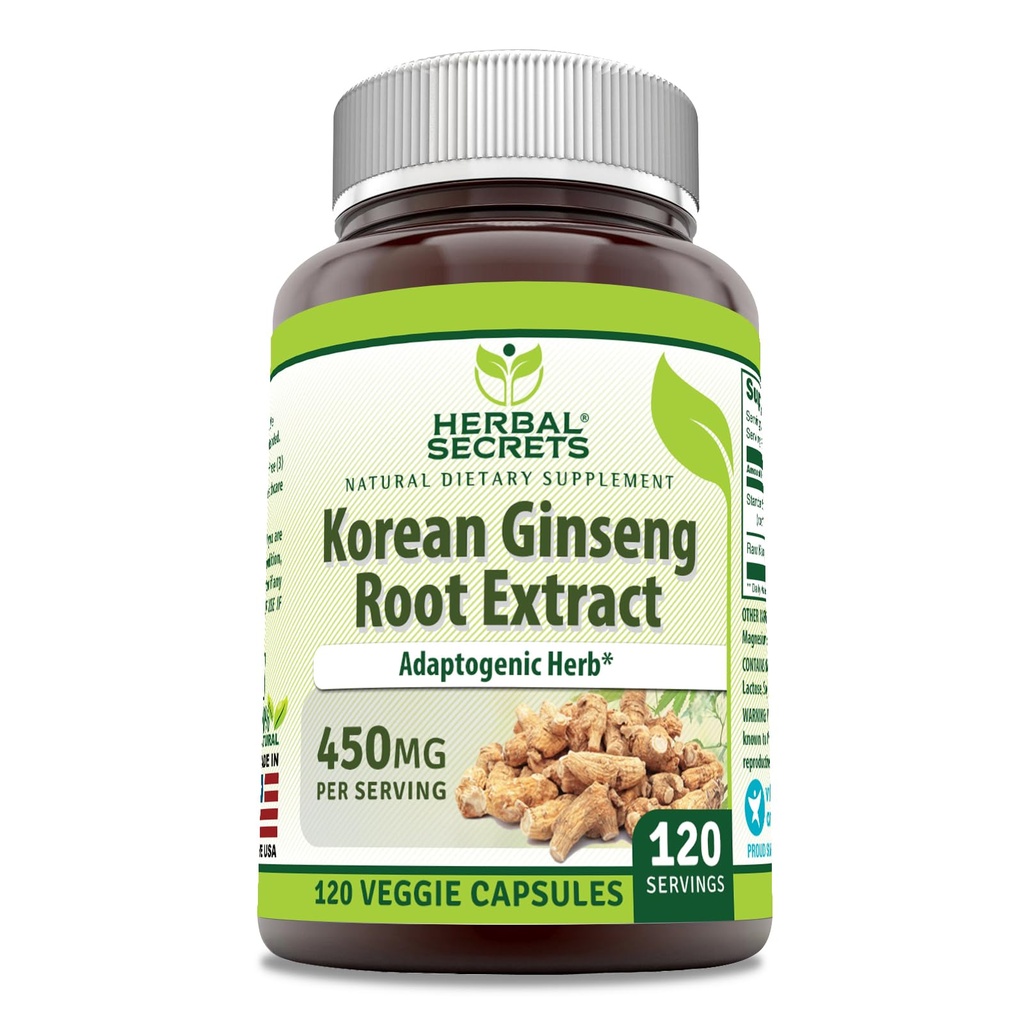 허브 시크릿 한국 인삼 뿌리 추출물 120 Veggie 캡슐 보충 | Non-GMO | 글루텐 프리 | 미국에서 제작