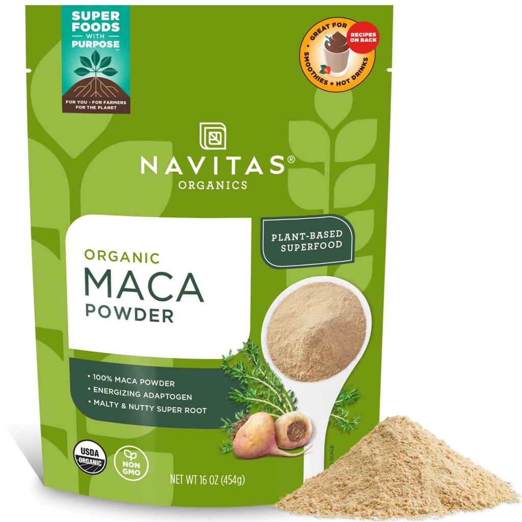 Navitas Organics Maca Powder – 100 % 부드러운 페루 Maca, Lattes, Baking & More – Energize & Balance - USDA Organic, Non GMO, Vegan, 글루텐 무료 (16oz. 부대, 180의 서빙, 2 팩)