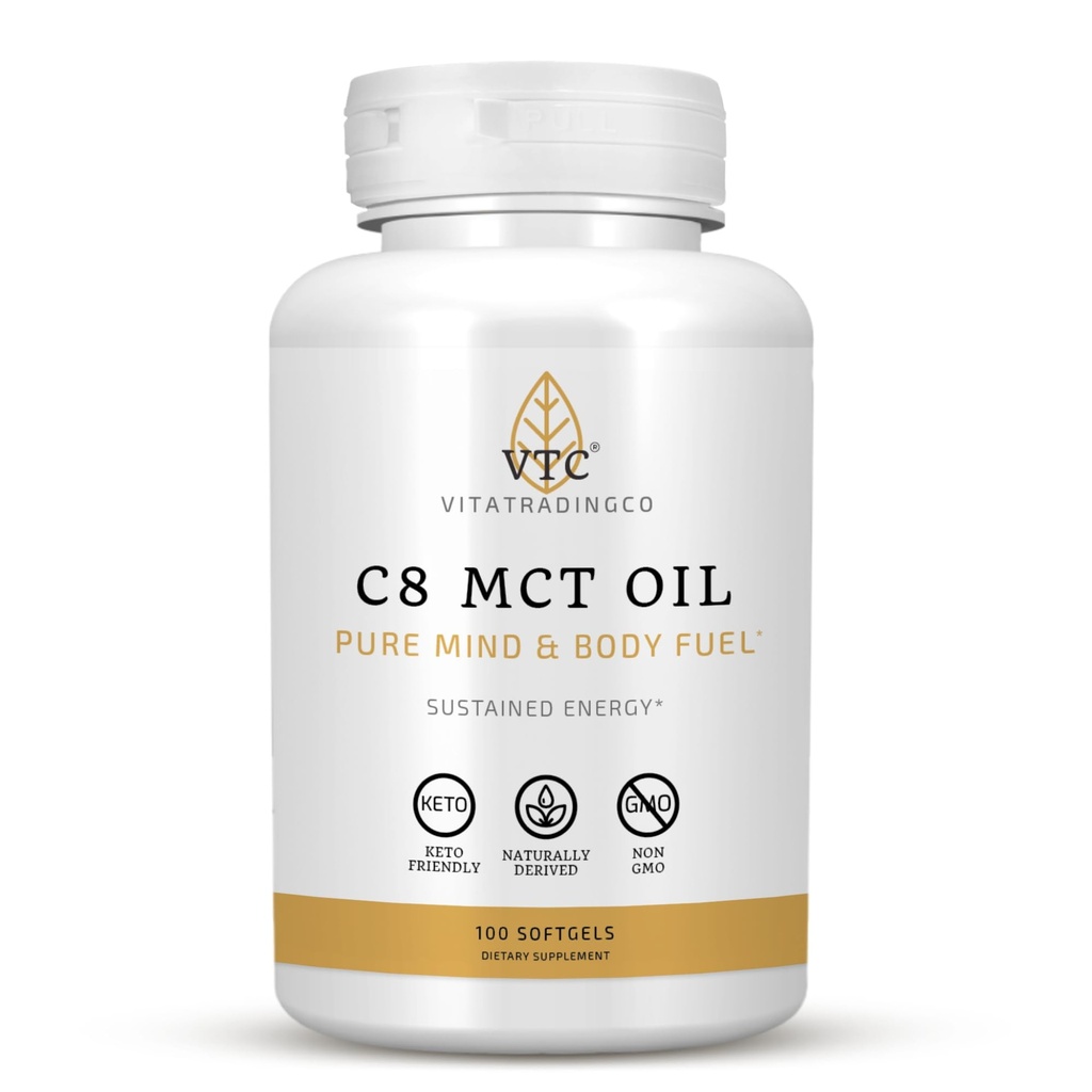 VTC VitaTradingCo. C8 MCT 오일 캡슐 | Naturally Derived Caprylic C8 Supplement | 코코넛 오일 알약 | 지속 에너지 | Keto Friendly, Non GMO | 100 Softgels