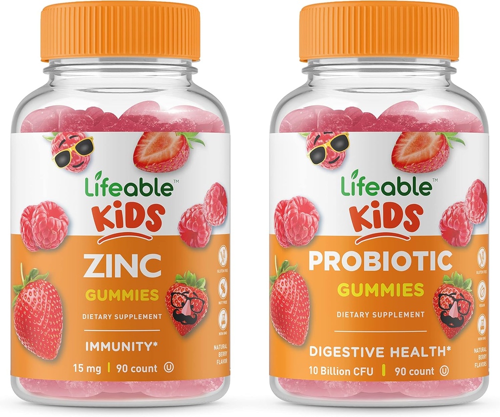 Lifeable 아연 키즈 + Probiotics 5 억 어린이, Gummies 번들 - 훌륭한 타스팅, 비타민 보충, 글루텐 무료, GMO 무료, Chewable Gummy