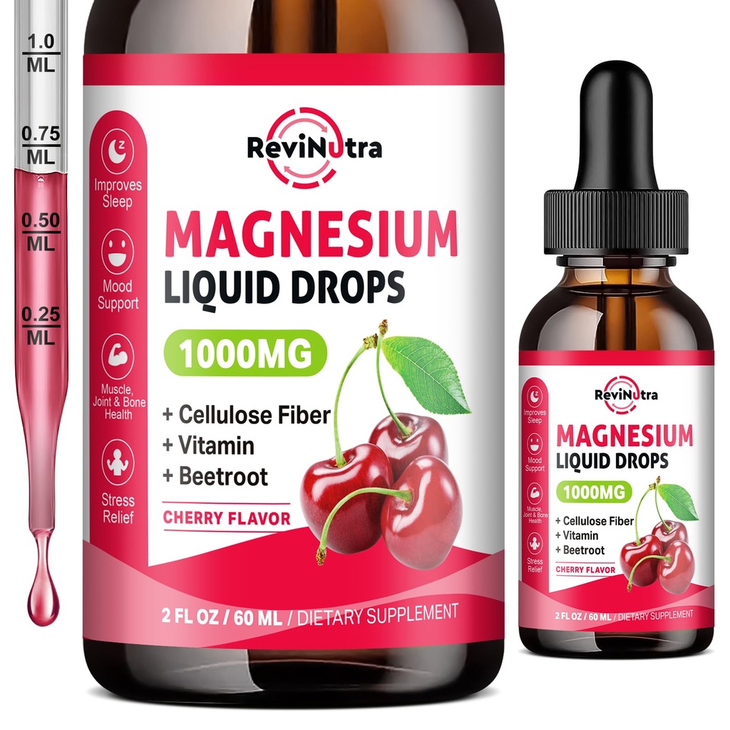 마그네슘 글리세린 액체 하락, 1000mg 마그네슘 글리세라이드, 섬유, Beetroot, 수면, Calm, 근육, 에너지 및 휴식, 2 Fl Oz, Sugar-Free Cherry 풍미를 위한 비타민 B & C를 가진 구연산염 & Taurate