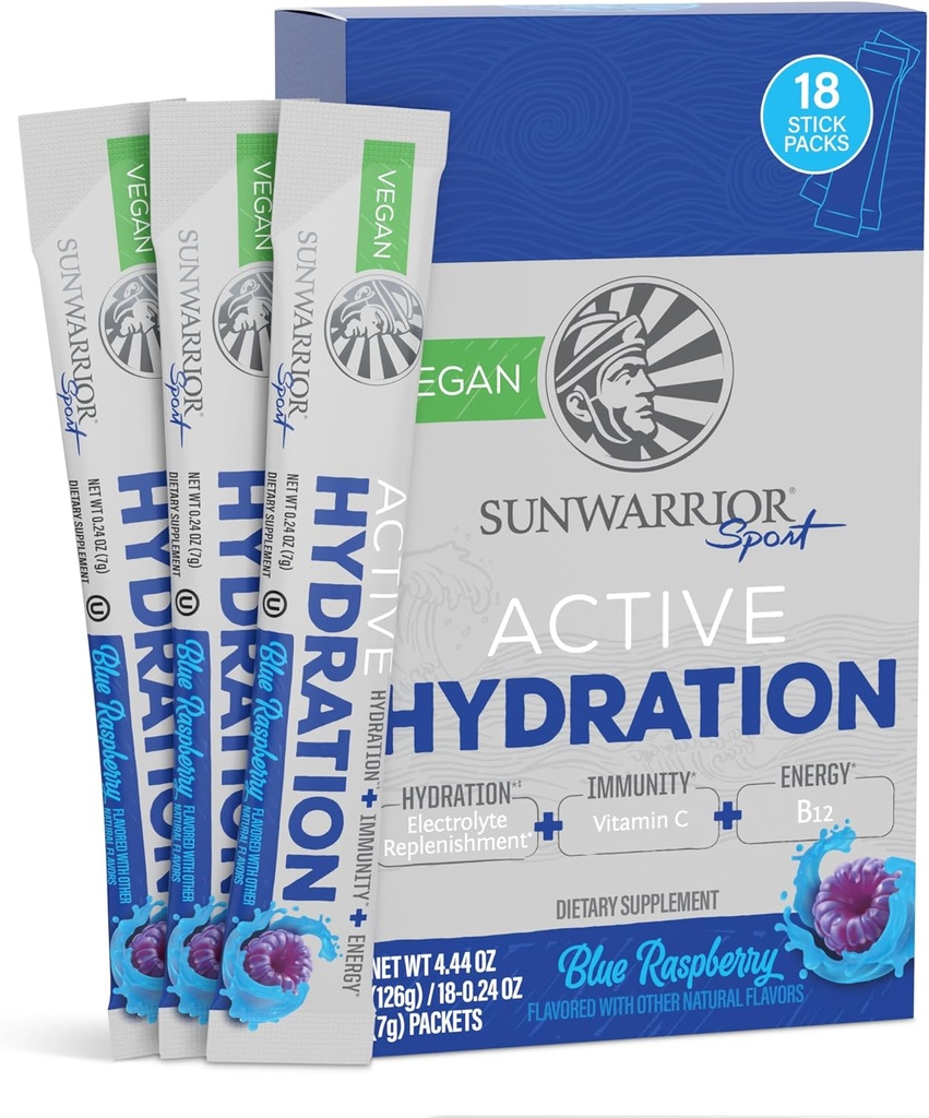 Sunwarrior Hydration Powder Electrolyte Packets Powder B12 Elderberry | 블루 라즈베리 맛 18 스틱 팩 126g 파우치 | Vegan 및 Plant-Based Sugar Free