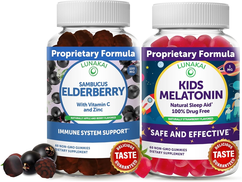 Lunakai 성인 Elderberry와 어린이 Melatonin Gummies 번들 - 성인 및 어린이를위한 아연 및 비타민 C와 면역 지원 - 비 GMO, Vegan, 글루텐 무료 천연 수면 거미