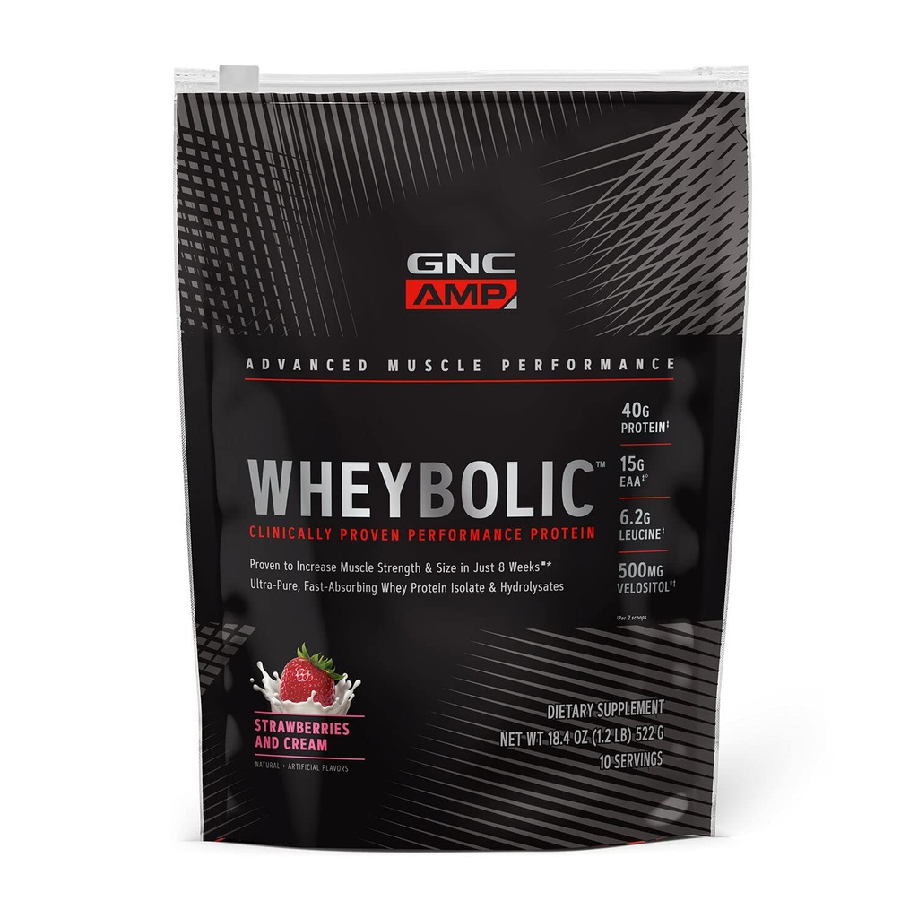 GNC AMP Wheybolic 임상적으로 입증된 단백질 분말, 40g Whey Protein, BCAA, Leucine, 근육 힘, 근육 건물, 3rd 당 시험해, 글루텐 자유로운, 딸기 및 크림, 10의 서빙