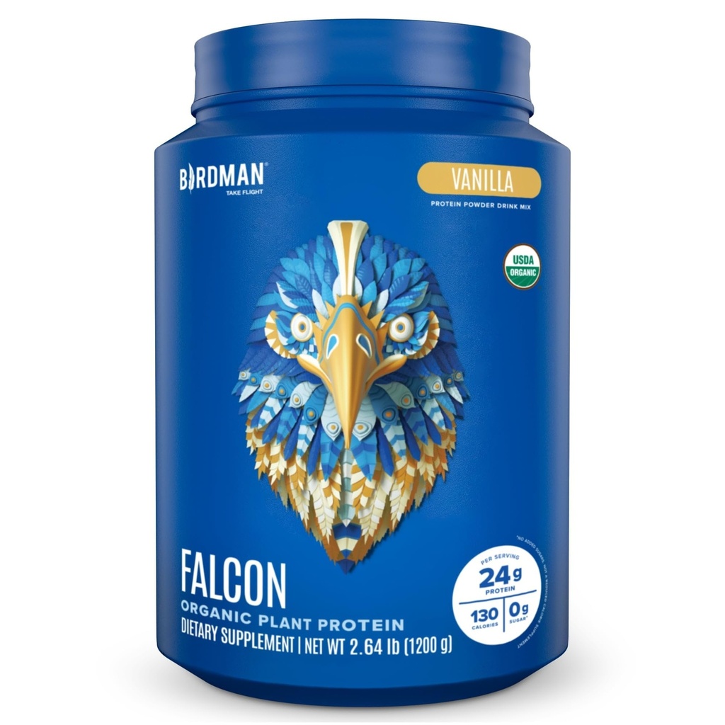 BIRDMAN Falcon Vegan Protein Powder Organic, Stevia & Sugar Free, Plant Based Protein, Low Carb, Dairy Free, Keto, Non Whey Protein, Probiotic, Pea Protein | 바닐라 맛 - 37 서빙 - 2.64lb
