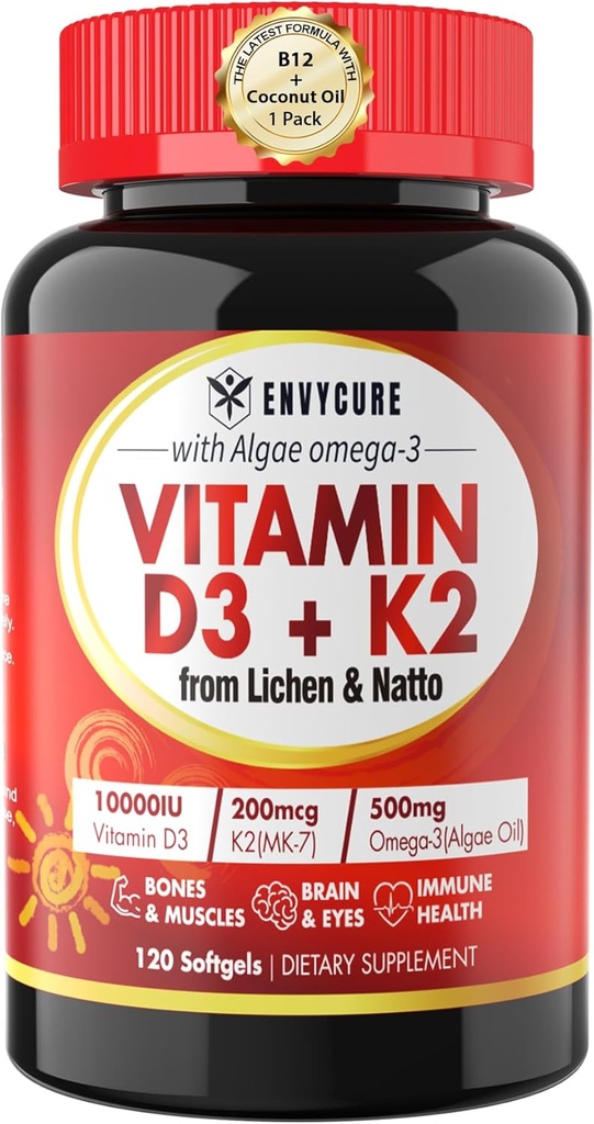 식물 기초를 두는 비타민 D3 K2 보충교재 Softgel - Vit D3 10000 Iu + 비타민 K2 Mk7 200 Mcg, 조류 Omega-3, 마그네슘, 뼈 & 근육을 위한 비타민 B12, 면역성이 있는 지원, 최대 흡수, 삼키기 1pack에 쉬운