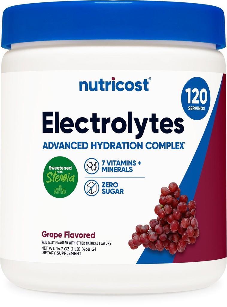 Nutricost Electrolyte Complex Powder (120 서빙, 포도) - 비타민과 미네랄과 수분 보충 음료 혼합