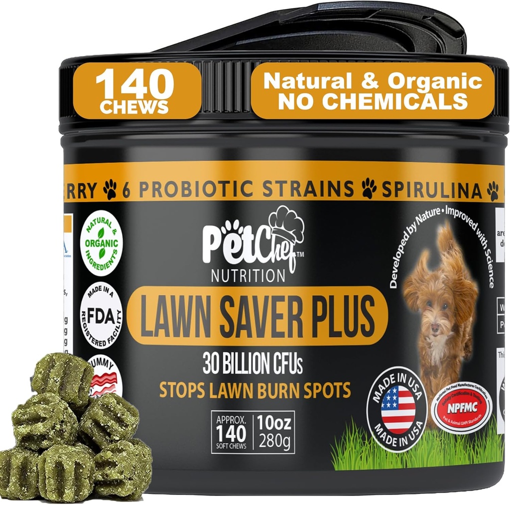 Pet Chef Lawn Saver, 소프트 체우, 비건 베이컨! Canine 소변 야드 화상 스토퍼. 개 PH 소변 Neutralizer. 야드를 구축, 식물 손상을 보호하고 도움 다시 마당을 성장. 마당 오줌 손상 방지