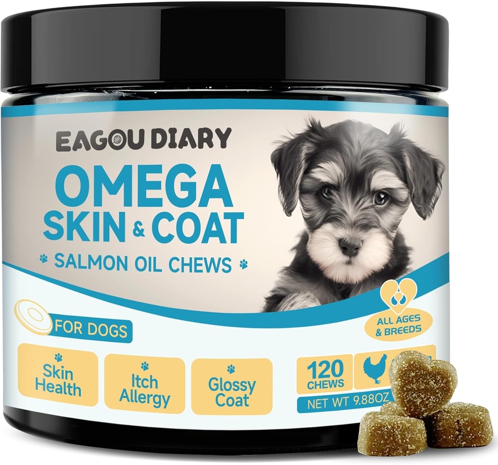 EagouDiary Salmon Oil Chews for Dogs,Omega 3 피부 & EPA & DHA 지방산, Angelica, Methionine, 비타민, Itchy Skin & Allergy Relief (120Ct)를 가진 개를 위한 외투 보충교재