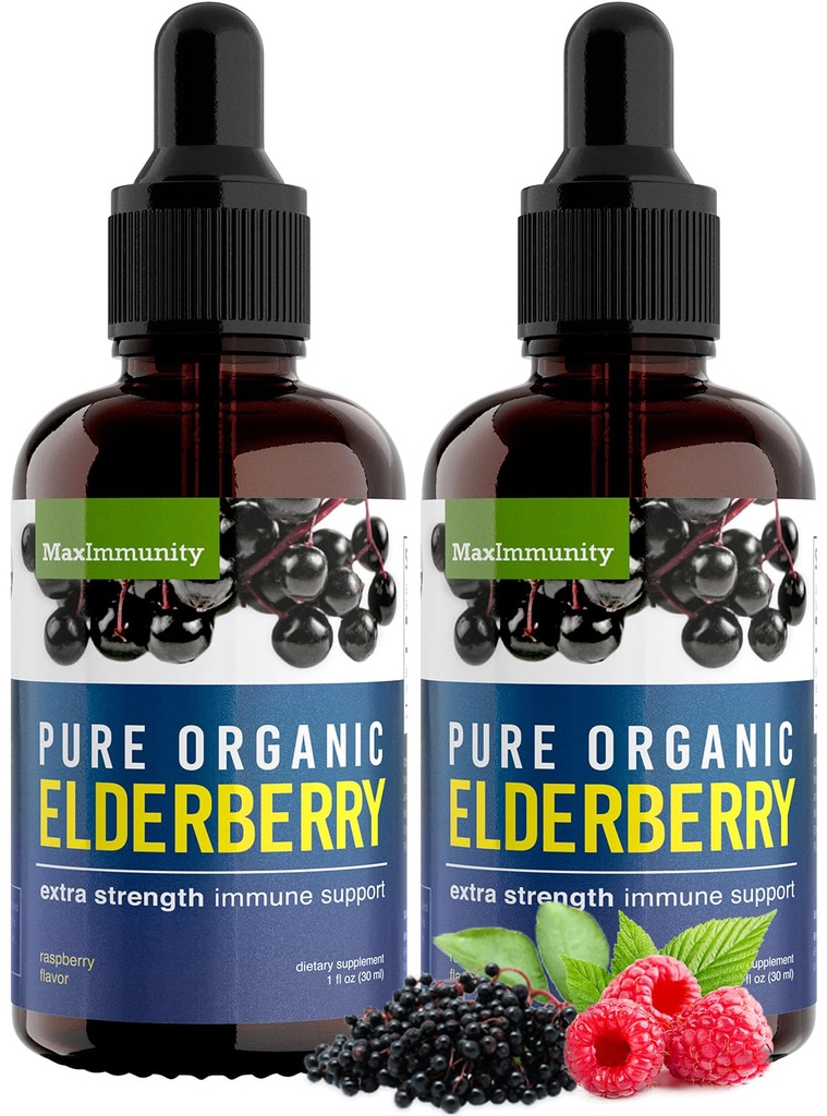 유기농 Elderberry Syrup, 60 일 공급, 면역 지원을위한 검은 액체 드롭, Sambucus Elderberry Syrup - 아이 & 성인을위한 액체 추출물 드롭 - 추가 강도 (2 팩)