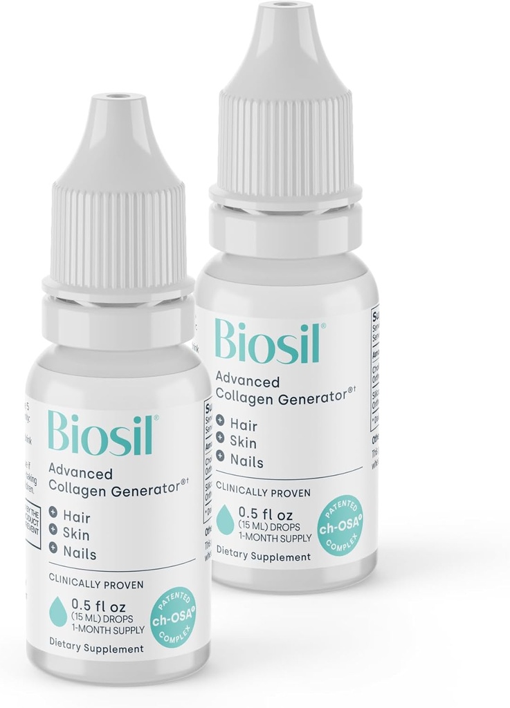 Biosil Collagen Booster Supplement - 0.5 fl oz Drops, Pack of 2 - 피부, 헤어, 손톱 및 관절에 대한 특허받은 ch-OSA 활성제 - 천연 생산 지원 - 60 일 공급