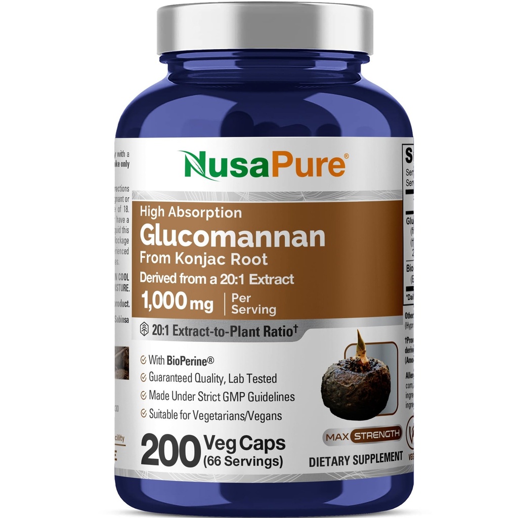 NusaPure Glucomannan 1000 mg 서빙 200 Veg 모자 (BioPerine, Non-GMO, Vegan) Konjac 루트