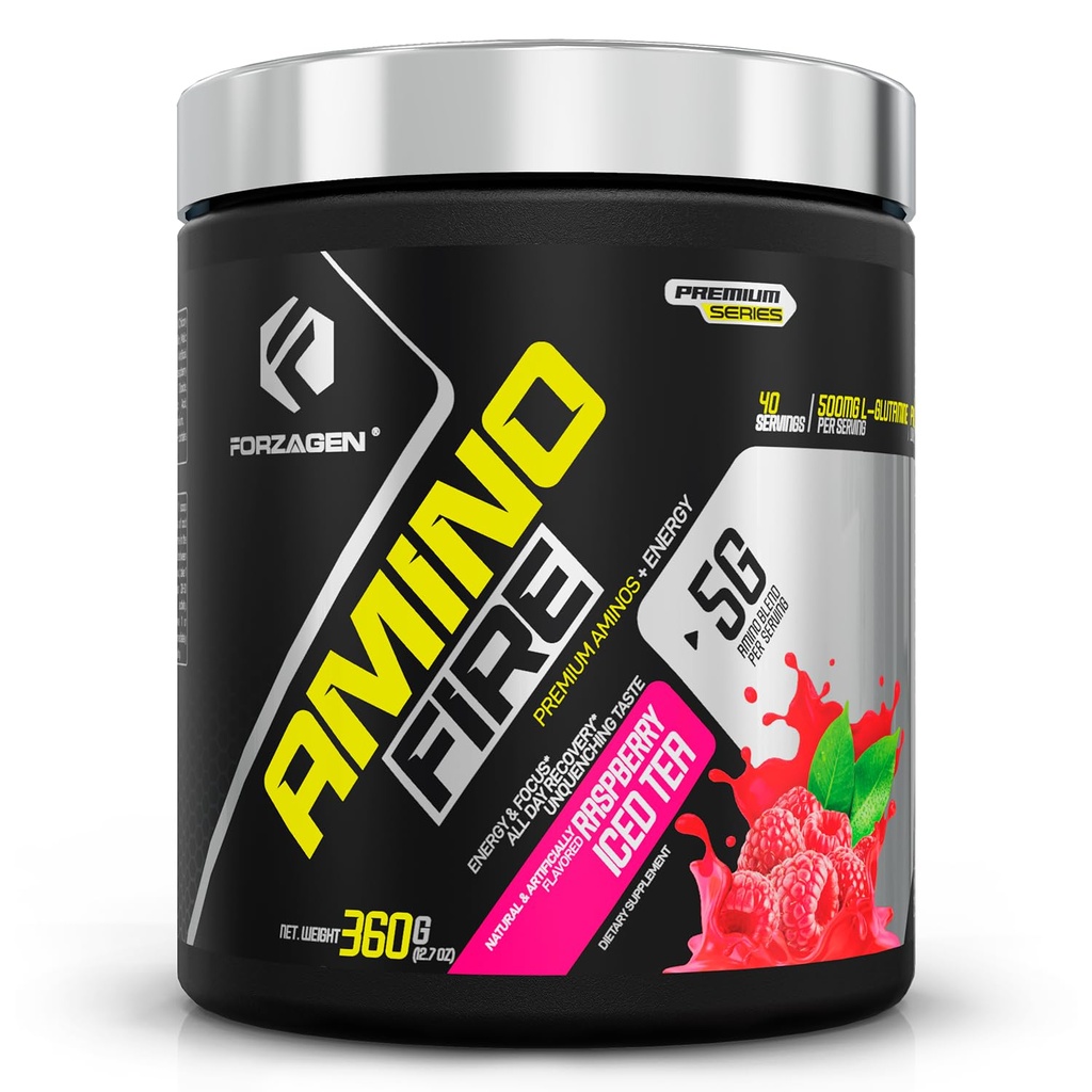 Forzagen Amino Fire | 사전 운동을 위한 필수 아미노산 에너지 분말 | BCAA 에너지 부스트 & 근육 회복 음료 혼합, 강화 초점 & 농도, 규정식 보충교재 | 라즈베리 아이스 차, 40 서빙
