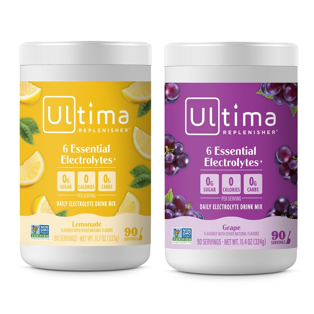 Ultima Replenisher Electrolyte Powder Drink Mix Bundle – Sugar Free – Lemonade and Grape, 90 서빙 – Hydration Powder - 6 Key Electrolytes 및 Trace Minerals – Keto Friendly, Non-GMO
