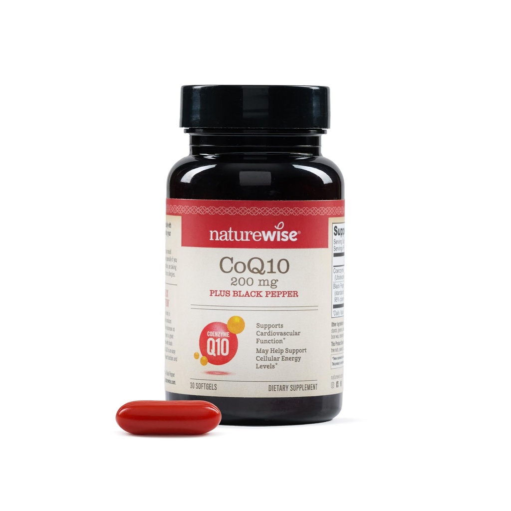 NatureWise CoQ10 200mg + Black Pepper Softgels - 높은 흡수 Coenzyme Q10 + Black Pepper - 심장 건강 + 세포 에너지에 대한 산화 방지제 - Vegan, Non-GMO, 글루텐 - 무료 30 카운트 [30 일 공급]