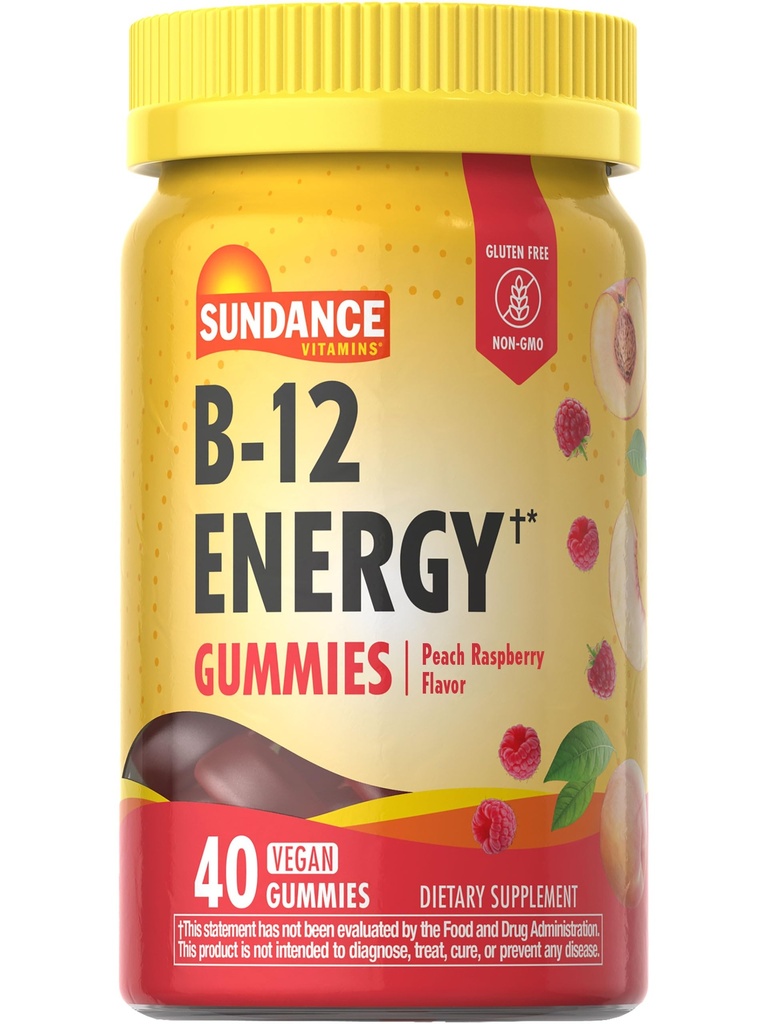 Sundance 비타민 B-12 에너지 Gummies | 40 개 | 복숭아 라즈베리 맛 | Vegan, Non-GMO, 글루텐 무료 보충