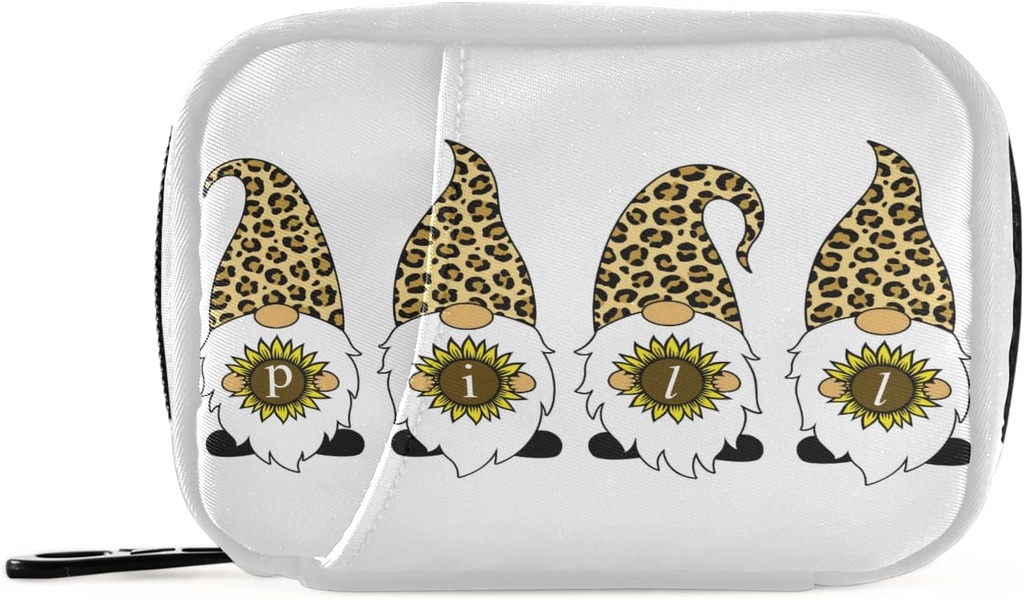 Leopard Gnomes Sunflower Pill Box 7 Day Pill Case Travel Pill 주최자 가방 지퍼 휴대용 주간 케이스 컴팩트 크기 비타민 보충 홀더