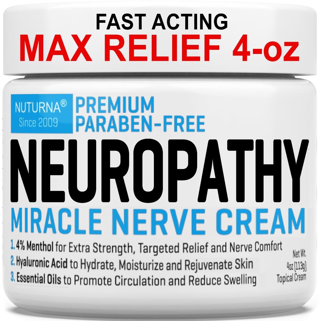 Neuropathy Nerve Relief Cream - Targeted Relief 및 Soothing Nerve Comfort을위한 프리미엄 Nerve Cream 3X 액션 - 발 손 다리 발가락 및 뒤를위한 4% Menthol Arnica MSM과 최대 강도 - 대형 4 Oz