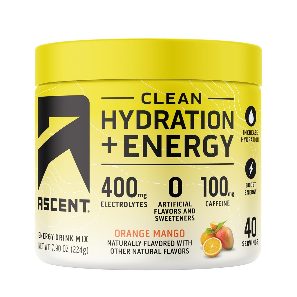 Ascent Clean Hydration + 에너지 전해질 분말 - 100mg 카페인, 400mg 전해질, 인공 성분 없음, 오렌지 망고 40 서빙