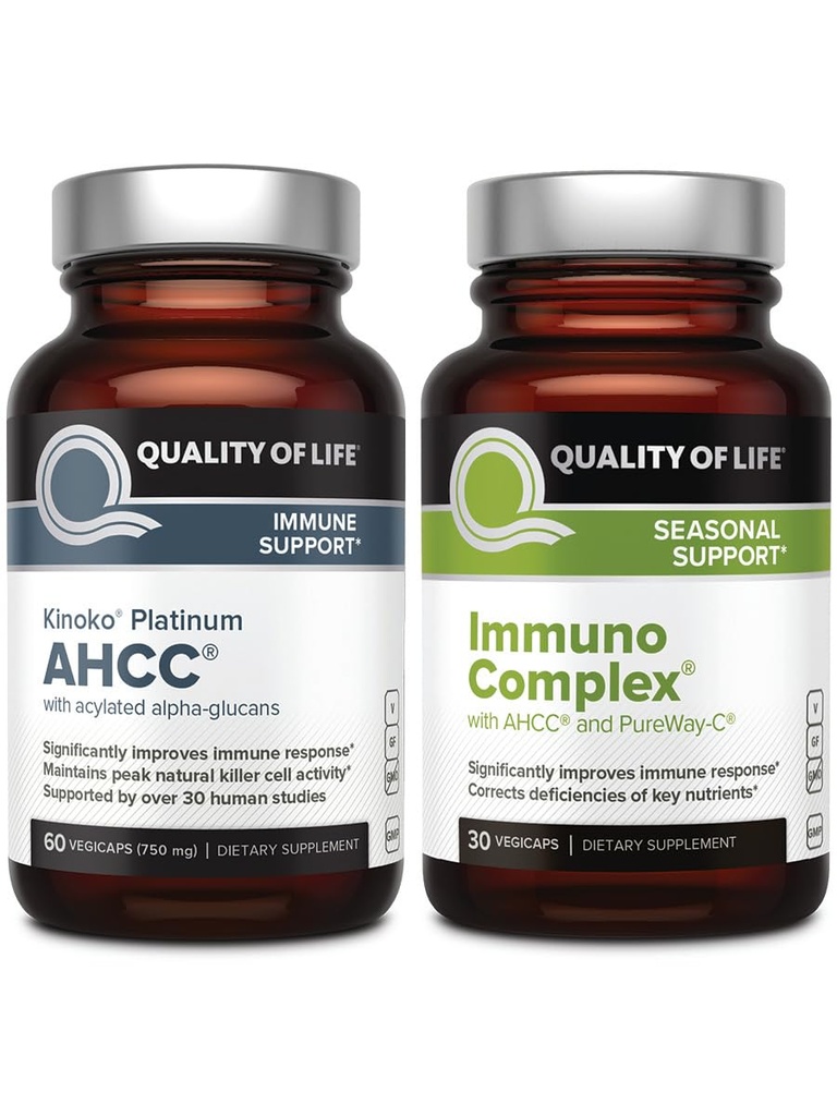 Quality of Life AHCC Kinoko Platinum Mushroom Extract and Immuno Complex 비타민 C - 궁극적 인 면역 지원 번들