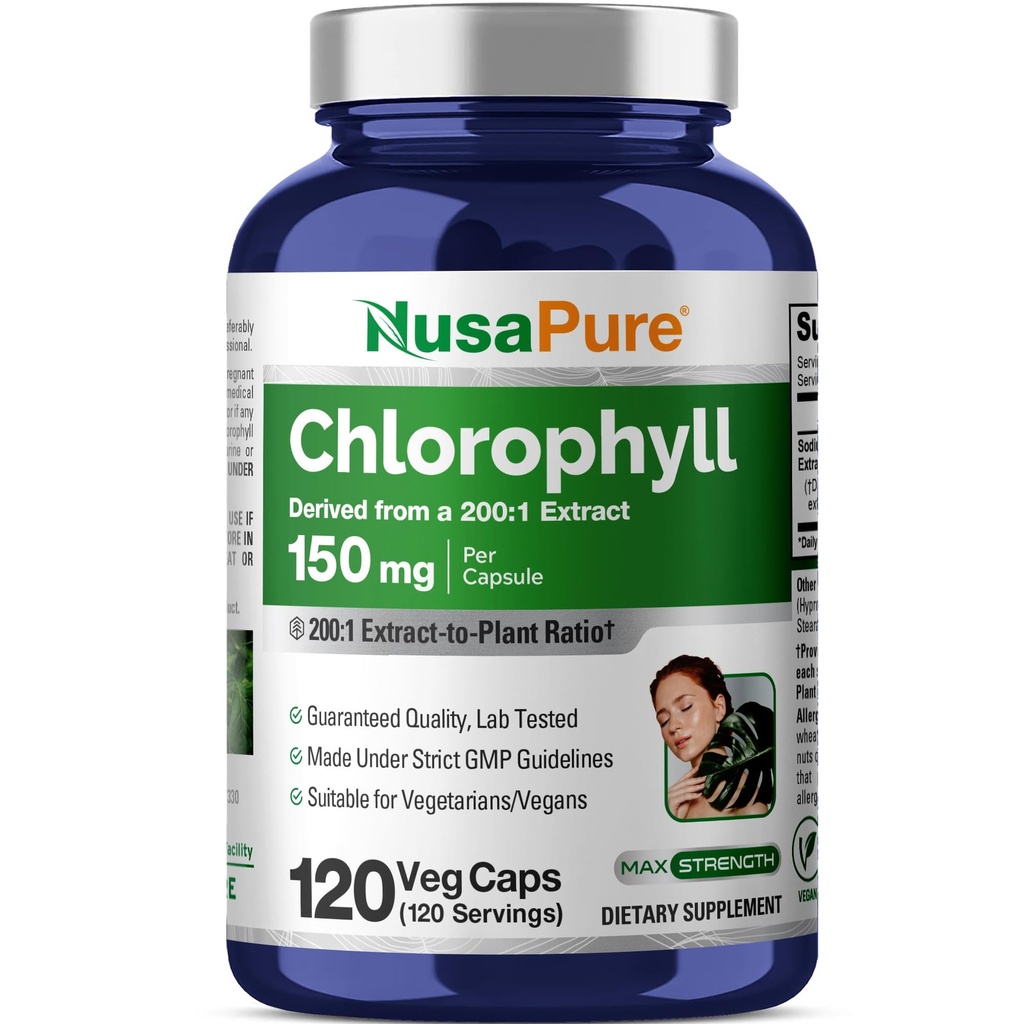 NusaPure Chlorophyll 200:1 추출물, 캡슐 120 채식 모자 당 30,000 mg에 동등한 150 mg (비 GMO, 채식주의자)