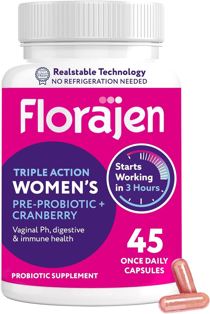 Florajen Women's Probiotic, Prebiotic, & Cranberry Supplement for Vaginal Health, 면역 지원, & 소화 웰빙 - 30-Count