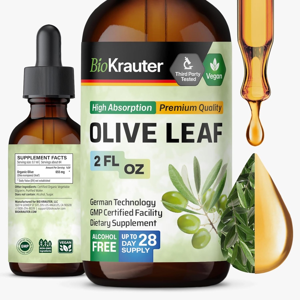 BIO KRAUTER 올리브 리프 추출물 액체 - Immune 지원을위한 올리브 리프 소총 - 알코올 및 설탕 무료 - Vegan Drops 2 Fl.Oz.