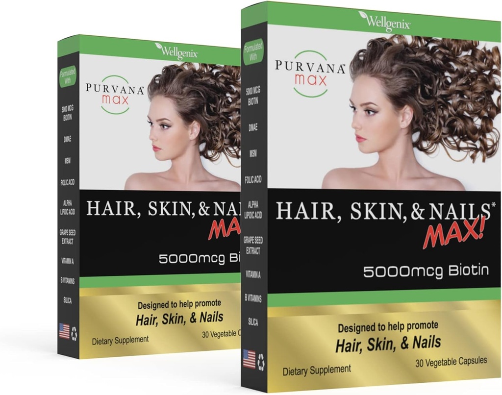 Purvana Max Hair, Skin 및 Nails Vitamin - 5000mcg Biotin, Folic Acid, DMAE, Grape Seed Extract - 일 채식 머리, 피부, 손톱 지원 - Collagen Production - 30 Caps (Pack of 2)