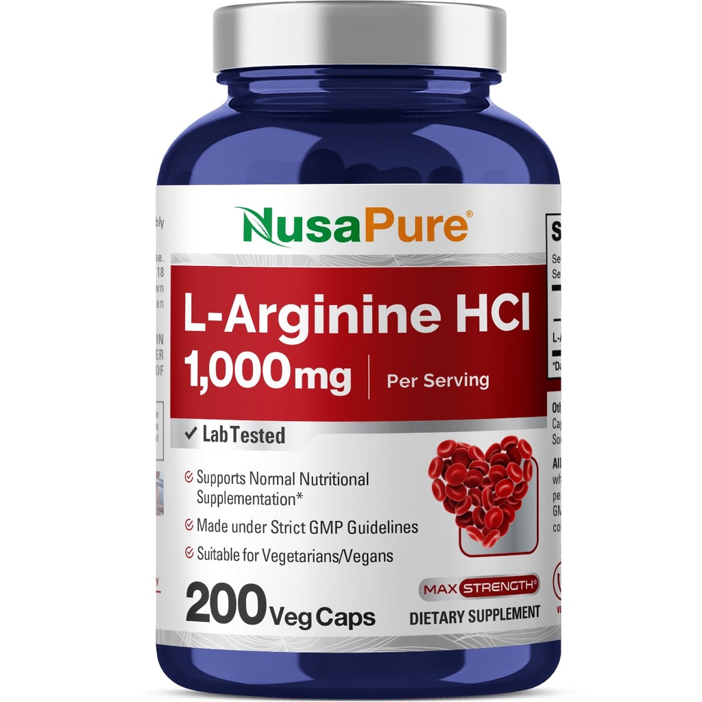 NusaPure L 아르기닌 1000 mg 200 Veggie 캡슐 (비 GMO, 채식주의, 채식주의)