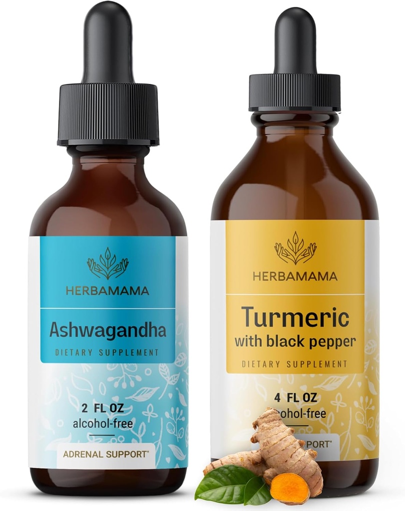 HERBAMA 허브 액체 드롭 키트 - 블랙 페퍼 Tincture 2 fl oz - Vegan, Non-GMO, Sugar & Alcohol-Free - 2 Pack을 가진 Ashwagandha 뿌리 추출물 및 심황의 번들