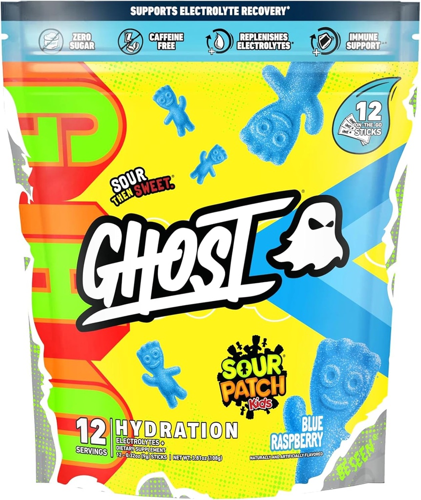 GHOST Hydration Packets, Sour Patch Kids Blue Raspberry, 12 Sticks, Electrolyte Powder - 마그네슘, 칼륨, 칼슘, 비타민 C와 음료 혼합 보충 - 콩, 콩, 콩, 설탕 및 글루텐의 무료