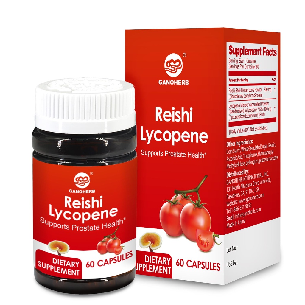 Lycopene 보충교재 100mg의 Reishi 버섯 200mg를 가진 자연적인 토마토 추출물, 면역 건강을 위한 버섯 캡슐, 글루텐 자유로운, 비 GMO, Vegan, 60 급속한 방출 캡슐