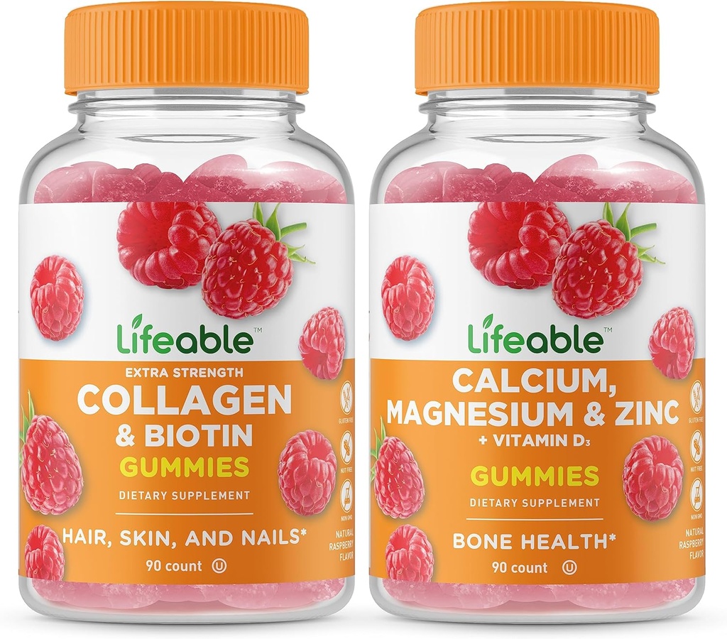 Lifeable Collagen & Biotin + 칼슘, 마그네슘, 아연 및 비타민 D, Gummies 번들 - 훌륭한 타스팅, 비타민 보충, 글루텐 무료, GMO 무료, Chewable Gummy