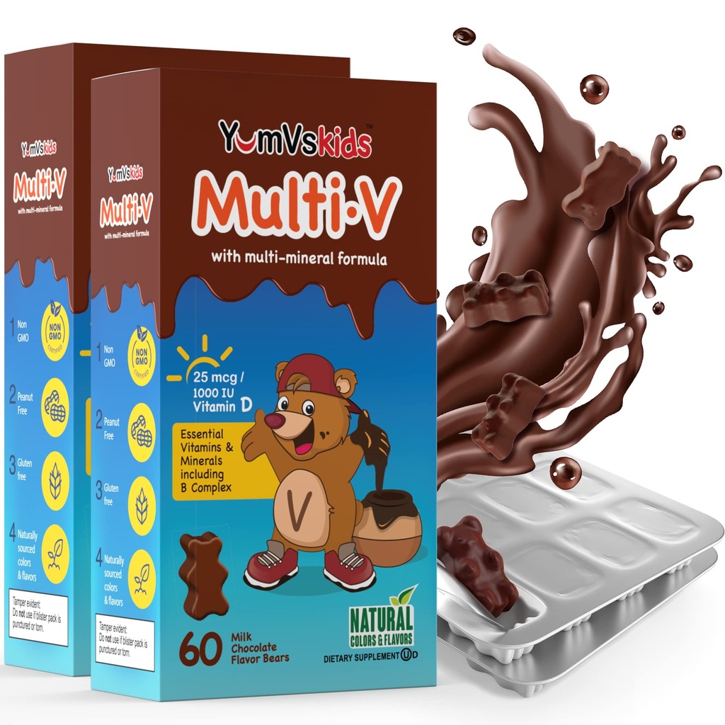 YUM-V'S - Kids Multivitamin Chewable Chocolate Bear - 어린이 보충을위한 Multivitamin - 16 비타민 및 미네랄 - D, 아연, C, B Complex 및 기타, 60 카운트 (팩 2) 포함 비타민