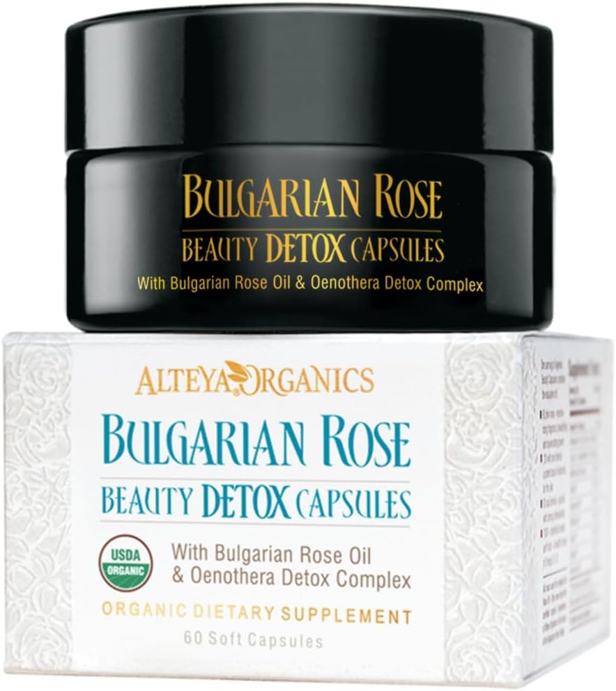 Alteya Organics Rose Beauty Detox 캡슐 - 불가리아 로즈 오일과 Oenothera Detox Complex의 USDA 인증 유기 - 30 서빙