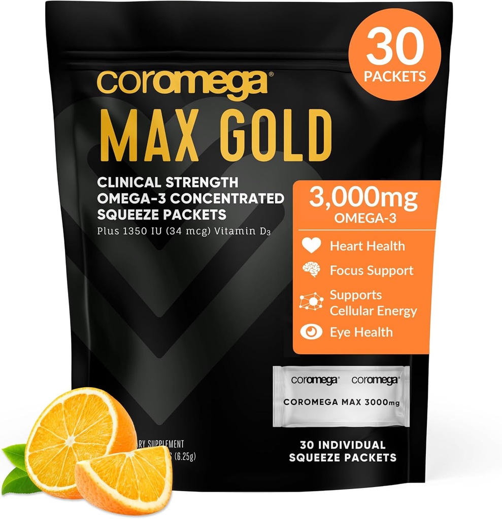 코오메가 MAX 골드 3000mg 오메가-3 생선 오일 + 비타민 D 스퀴즈 팩, 야생 잡은, 생선 맛 없음 - Softgels보다 3X 더 나은 흡수, 두뇌 지원 & 심장 건강 (30 서빙, 오렌지 맛)