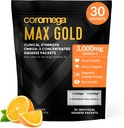 코오메가 MAX 골드 3000mg 오메가-3 생선 오일 + 비타민 D 스퀴즈 팩, 야생 잡은, 생선 맛 없음 - Softgels보다 3X 더 나은 흡수, 두뇌 지원 & 심장 건강 (30 서빙, 오렌지 맛)