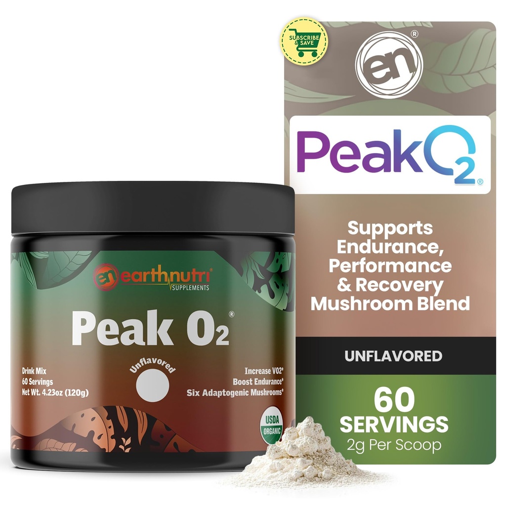 EarthNutri PeakO2 운동 보충 - 사전 운동 내구시간 및 운동 성능을위한 버섯 보충 - 첨가제 없음, 필러 없음 - 체력 지원, 힘 및 회복 - 60 서빙