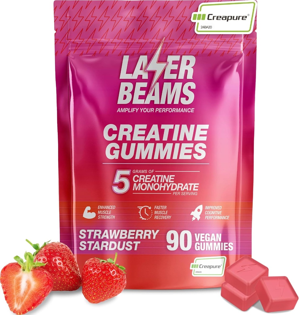 크레아틴 Monohydrate Gummies - 서빙 당 5g Creapure Creatine - Vegan - 부스트 근육 힘, 내구시간, 회복 & 정신 초점 - 90 Gummies, 글루텐 자유로운 (딸기)