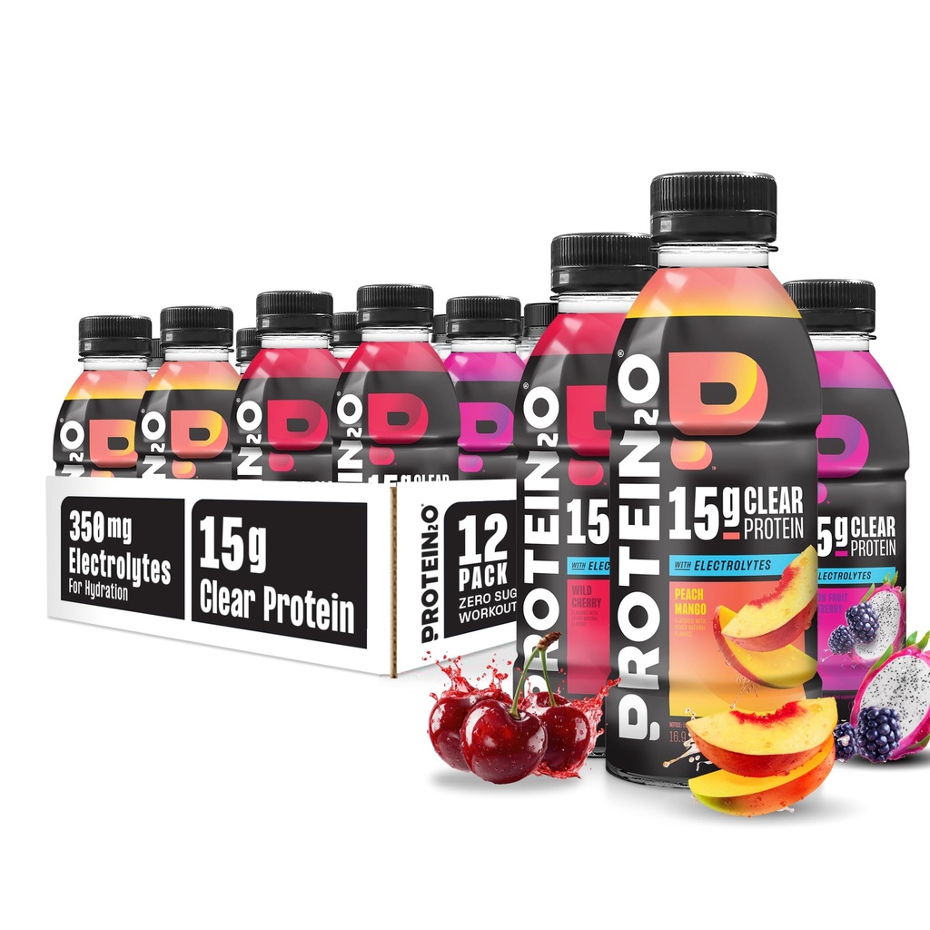 Protein2o Hydration 음료 - 2-in-1 액체 Clear Whey Protein Isolate 및 Electrolyte 음료 - 15g Protein, Vitamin B5, B6 - Post-Workout Recovery - 16.9 Fl Oz - 12 개 맛 Fusion 다양한 팩