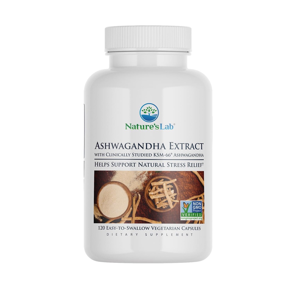 자연의 실험실 여분 힘 Ashwagandha KSM 66 추출물 - 5% Withanolides의 순수한 유기 Ashwagandha 뿌리 분말 - 긴장 기복, 초점 및 힘 지원* - 120 Ct (60 일 공급)를 지원합니다
