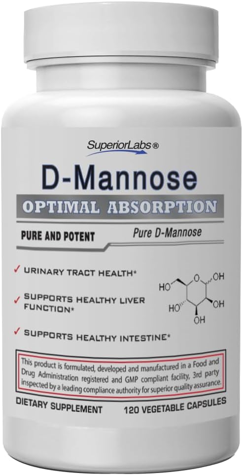 우수한 실험실 D-Mannose 500 mg, 순수한 비 GMO Optimal 흡수 Prebiotic, Urinary Tract, Bladder & Kidney UTI 지원, Digestive & Liver 건강 원조, 여성 & 남자를 위한 IC 기복, 120 Veg 모자