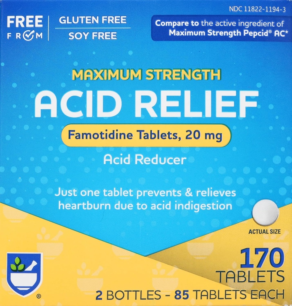 Rite Aid 산성 흡진기, 최대 힘 Famotidine 정제, 20 mg - 2 병, 85 조사 각 (170 조사 합계)| Heartburn Relief | 산 Reflux | Antacid Chews & Tablets, Heartburn Chews & Tablets
