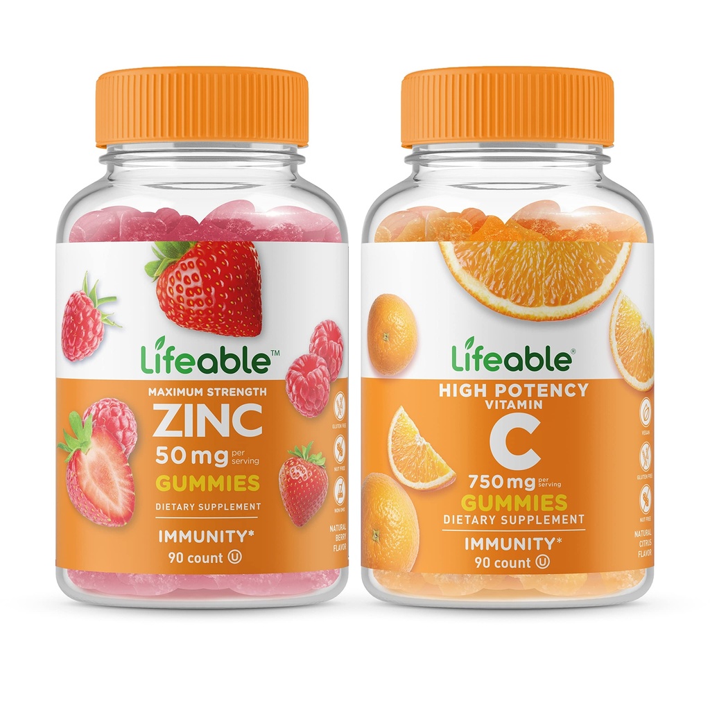 Lifeable 아연 50mg + 비타민 C 750mg, Gummies 번들 - 훌륭한 타스팅, 비타민 보충, 글루텐 무료, GMO 무료, Chewable Gummy