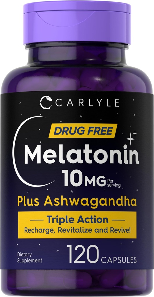 Carlyle Melatonin 10mg | 120 캡슐 | Ashwagandha | Triple Strength Formula | Non-GMO, 글루텐 무료 보충