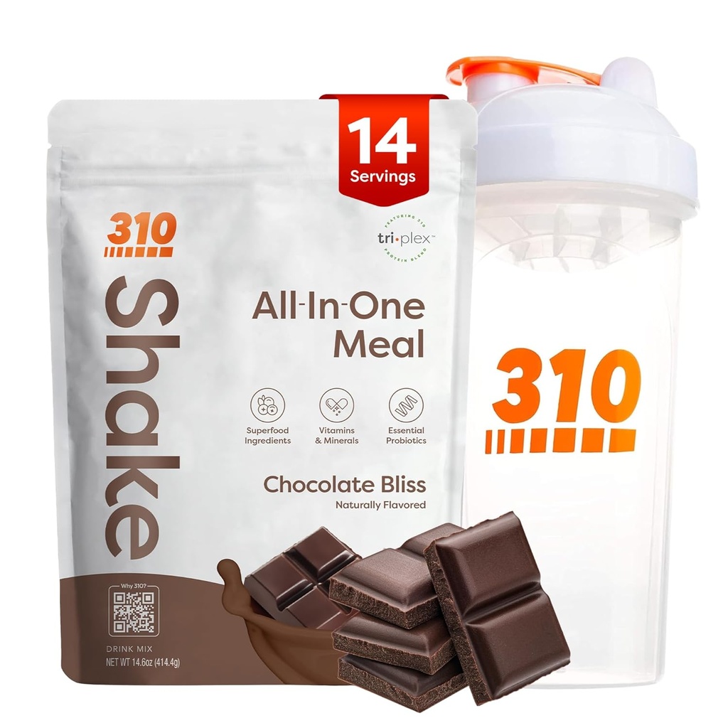 310 영양 올인원 식사 교체 쉐이크 파우더 w / 쉐이커 컵 스타터 키트 - 고단백 섬유 리치 Vegan Superfood Blend - Sugar-Free, Keto & Paleo Friendly, 낮은 캐비 - 초콜릿 블리스 터 14 srv