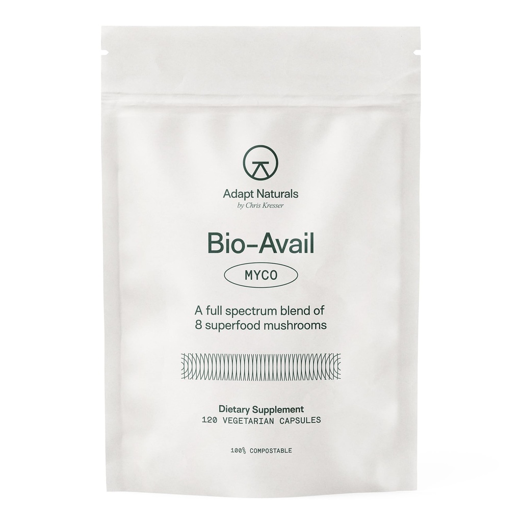 Adapt Naturals Bio-Avail Myco - 8-in-1 Bioavailable Mushroom Supplement Mushroom Complex - Chaga, Cordyceps, Reishi, Lions Mane - 혈압, 기억, 면역 - 120 캡슐