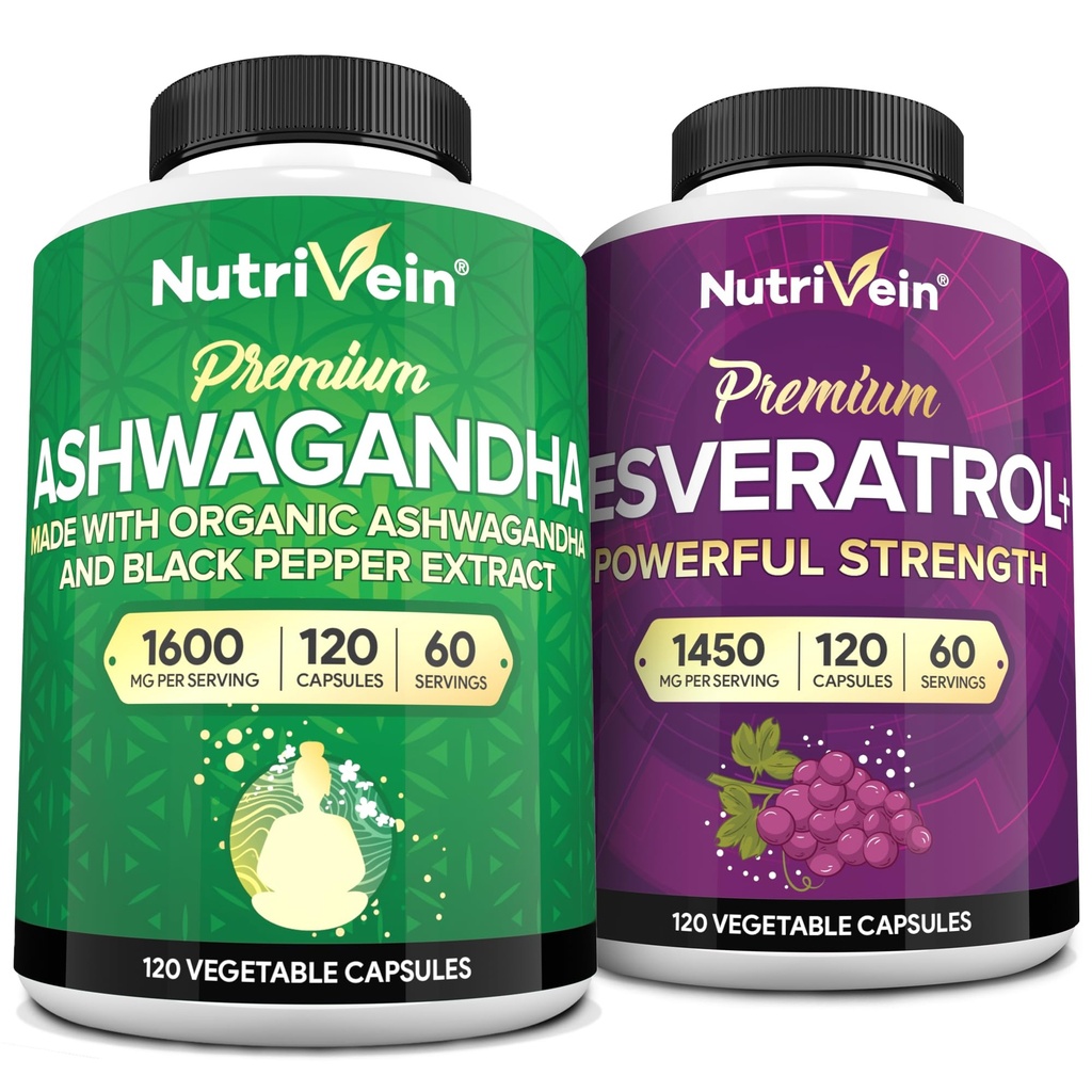 Nutrivein 프리미엄 Ashwagandha 캡슐 & Resveratrol 보충 번들 : 균형, 활력 및 수리를위한 높은 흡수 Resveratrol 캡슐 및 Ashwagandha 보충제