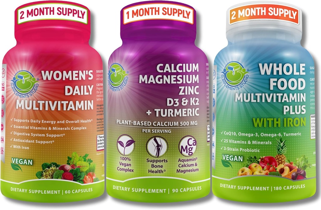 Vegan Multivitamins & 칼슘 Trio–Whole 음식 Multivitamin 철 + 철 + 식물 기반 칼슘, 마그네슘, 아연, D3, K2 및 심황 - 에너지, 뼈 및 면역 지원
