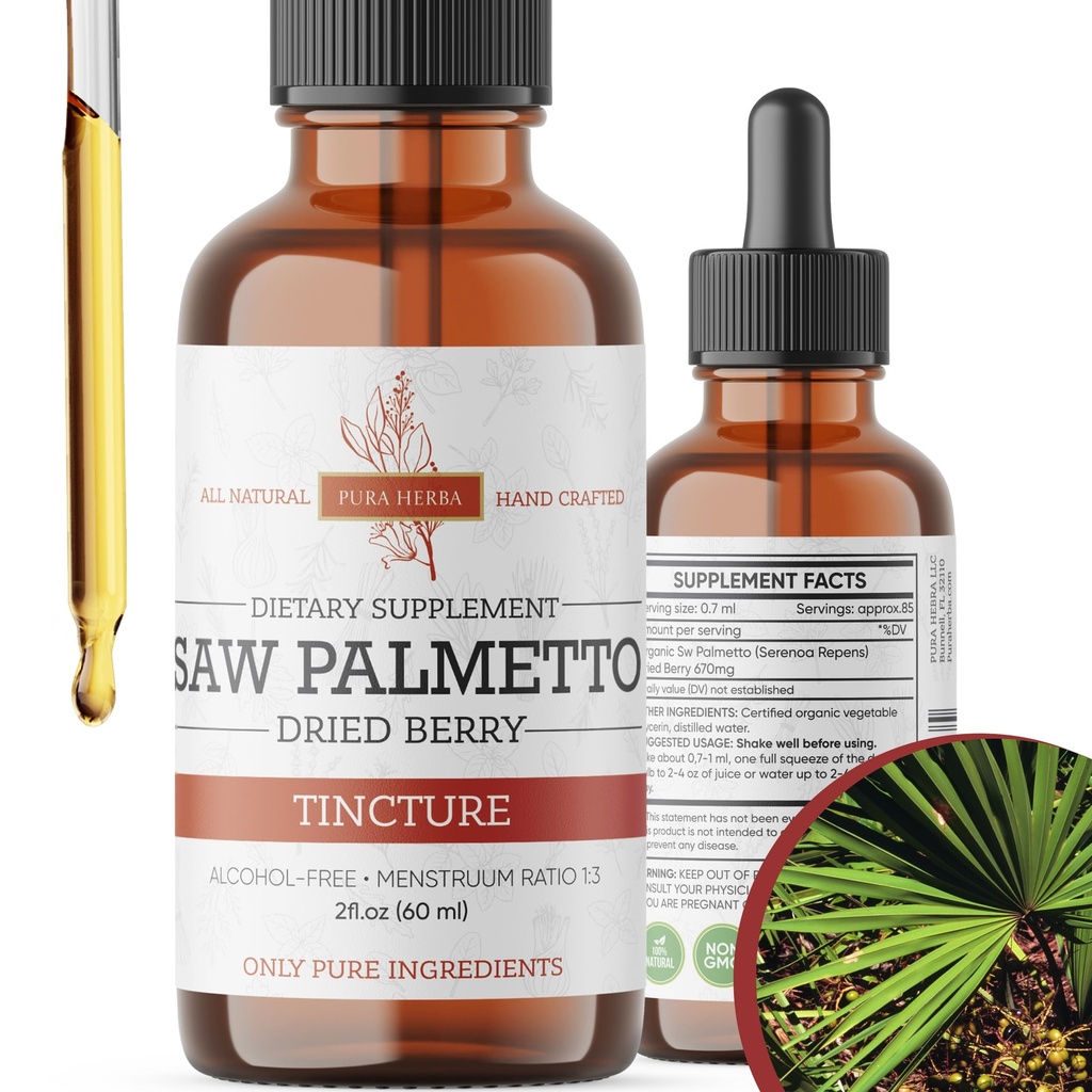 Saw Palmetto Tincture | 프리미엄 알코올 무료 초본 추출물 톱 팔로메 열매 | 액체 식물 보충 | 전통 초본 공식 | 미국에서 만든 - 2 oz (60 ml)